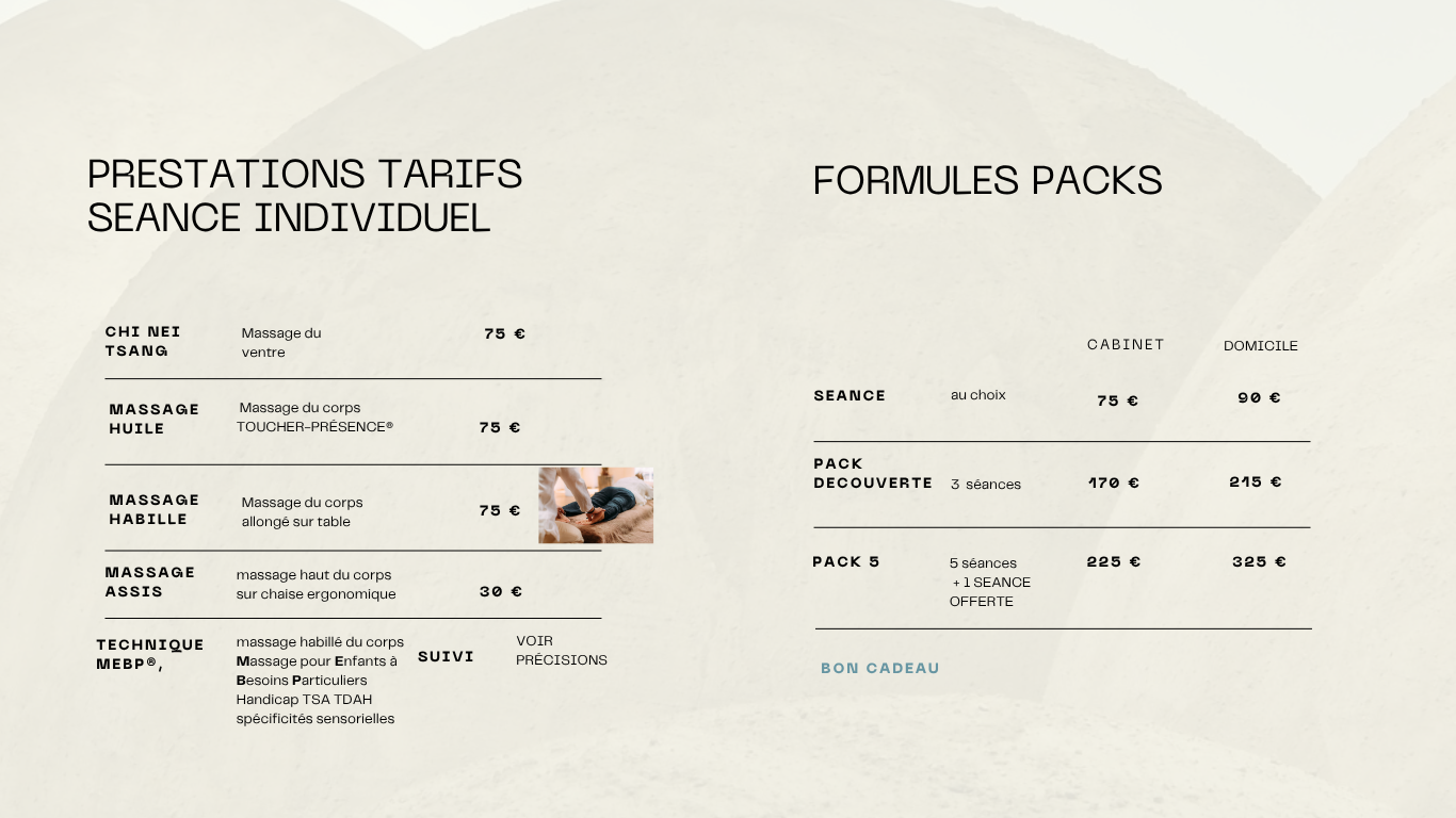 TARIFS prestations massages INDIVIDUEL &  FORMULES PACKS 